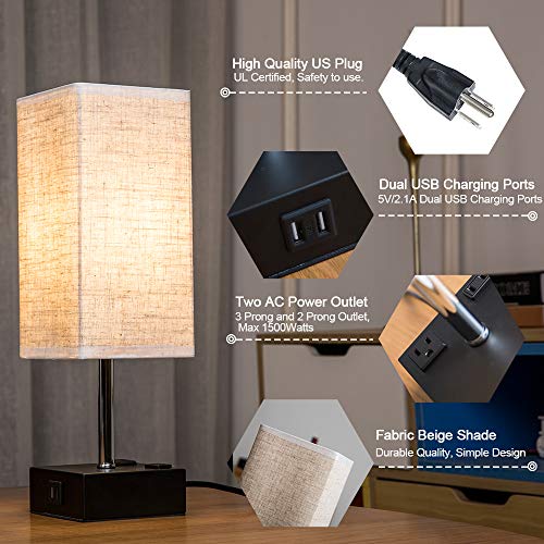 ZEEFO Touch Lamps, Nightstand Table Lamp Builtin Dual USB Charging Ports, 2 AC Outlet, Two