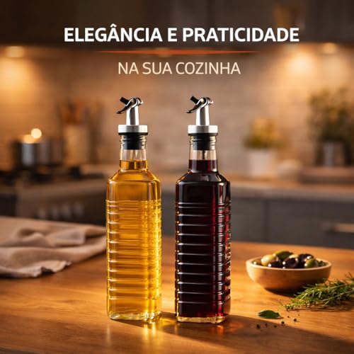 Galheteiro de Vidro 2 Peças 500ml com Bico Dosador e Tampa Inox – Ideal para Azeite, Óleo e Vinagre | Kit Elegante e Funcional para Cozinha