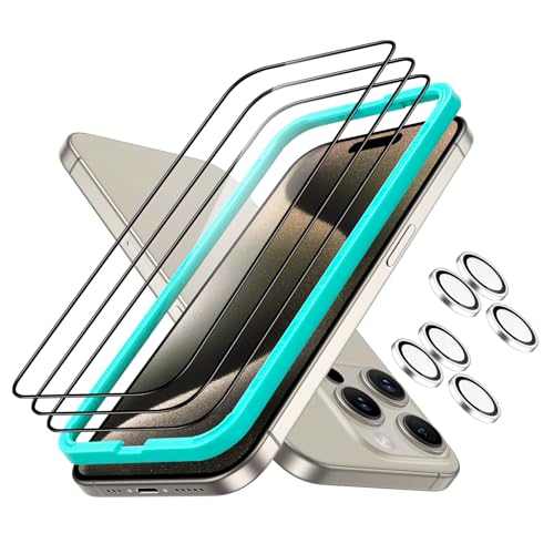 ESR Armorite Screen Protectors for iPhone 15 Pro Max, Ultra-Resistant Tempered Glass, Adjustable, 3 Pack with 3 Set of Individual Camera Lens Protectors