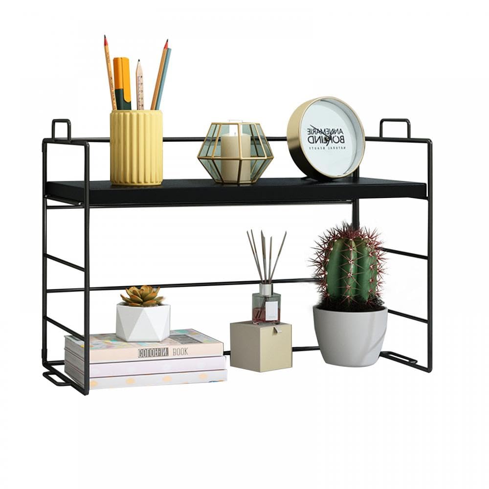 Gelory Desk Organizer Shelf Desktop Storage Shelf Display Bookcase Storage Rack Multipurpose Desktop Bookcase Stand for Office Kitchen Bedroom Bathroom Reading Room (Black frame black)
