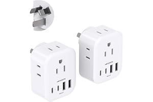 2 Pack CA to Australia Power Plug Adapter, HANYCONY New Zealand Power Adapter 4 Outlets 4 USB Ports (2 USB-C), Type I Plug Ad