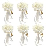OurWarm Bridal Wedding Bouquet Crystal Roses Pearl Bridesmaid Bouquets Artificial Silk Flowers - 6 Pack