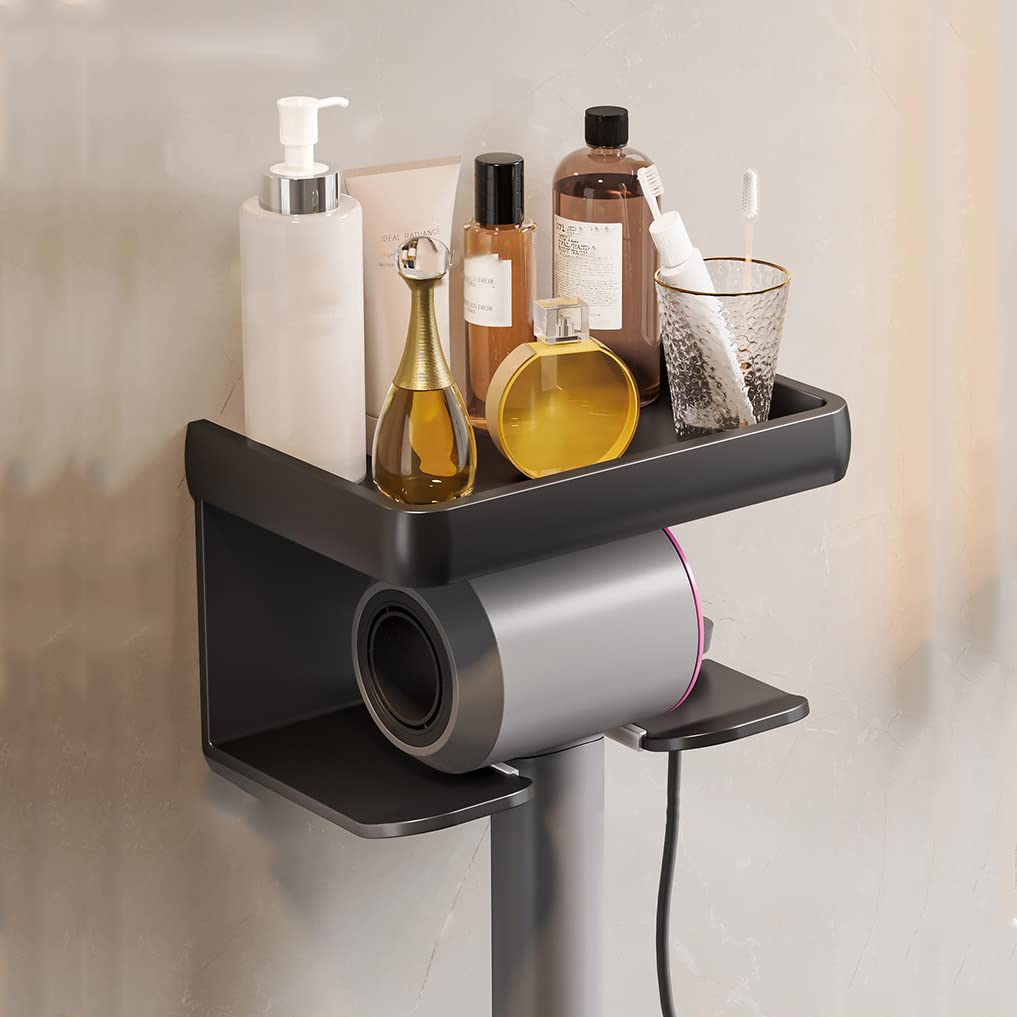 Hosoncovy 2 Tier Hair Dryer Wall Mount Holder Hair Dryer Wall Hanger Toiletries Wall Storage Toiletries Wall Shelf for Dyson Supersonic Hair Dryer,Universal for Hair Dryer (Black)