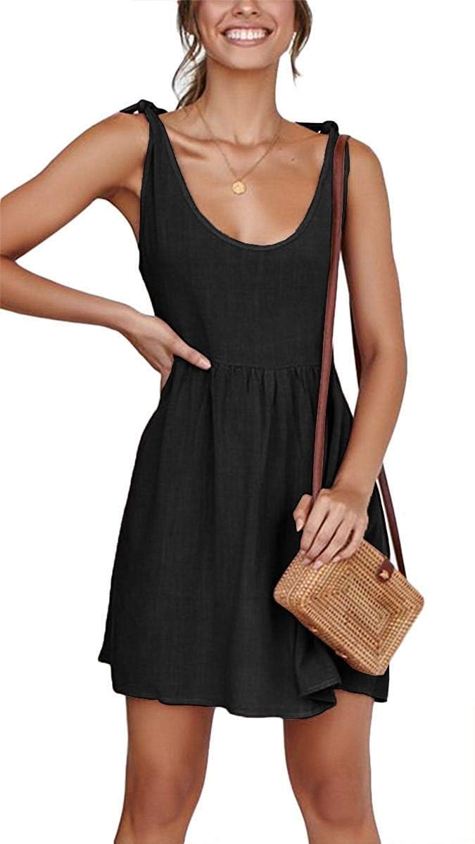 Photo 1 of CNJFJ Women's Shoulder Tie Strap Summer Dress Casual Babydoll Scoop Neck A-Line Skater Swing Mini Sundress Black medium