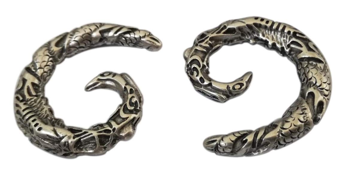 Silver plated Ear Weights for Stretched Lobes - Two Earring Plugs"LITTLE DRAGONS" - Unique original model handmade by Italian craftsman - h 1 In