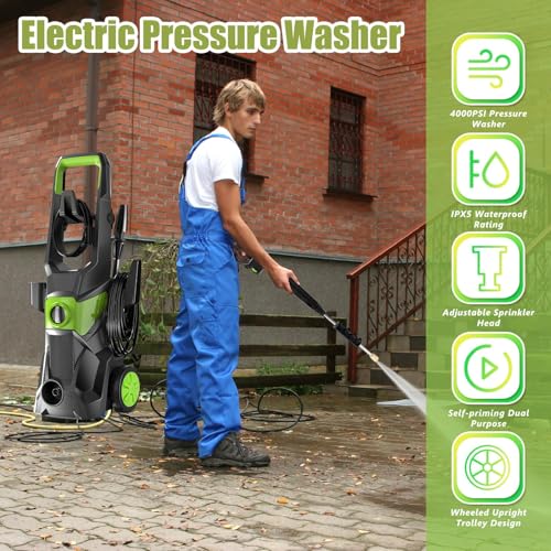 Electric Pressure Washer, 4000psi 10l Min Gpm High Pressure Washer with 32.8 Ft Hose, Ipx5 Waterproof with 4 Nozzle for Cars, Patios, Floor Cleaning