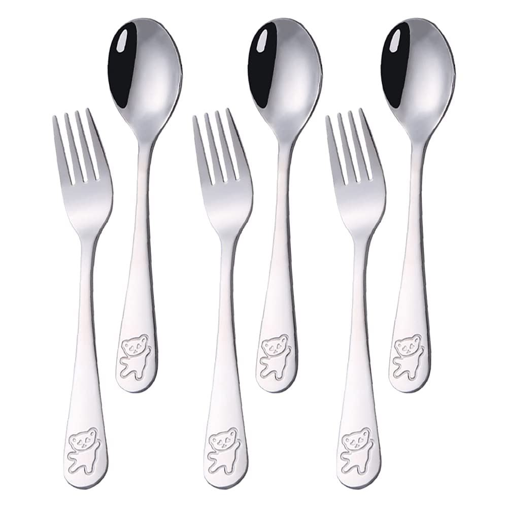 PHIEZC 6 Piece Children's Cutlery Set, 3 Soup Spoons + 3 Dessert Forks, Bear Pattern, 16.5 cm, Stainless Steel, 1 Set, 6 Items, 6 Pieces, FLATWARE