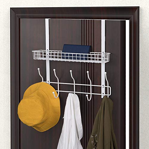 RZChome Upgrade Over The Door Hook Shelf Organizer 5 Hooks with Basket Storage Rack for Coats & Towels - Thumbnail 7