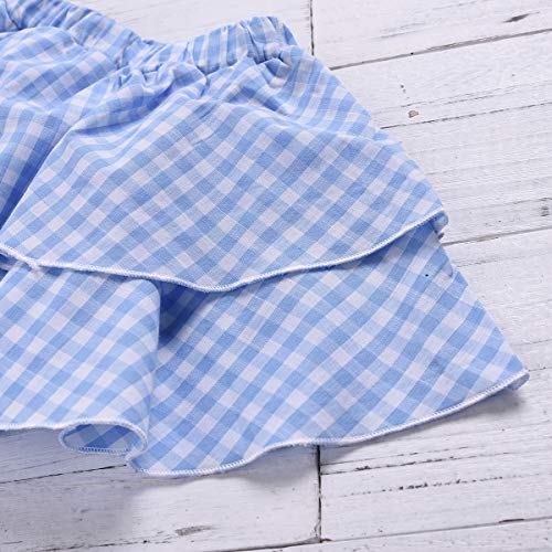 Toddler Baby Girls Outfits Blue Plaidl Off Shoulder Tube Sleeve Crop Tops +Ruffled Shorts Skirt Set Toddler Summer Clothes (Blue Plaid, 3-4 Years) - Thumbnail 6