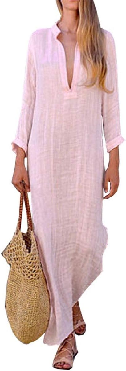 OTINICE Women Long Sleeve Casual Loose Dresses V-Neck Linen Maxi Beach Long Dresses