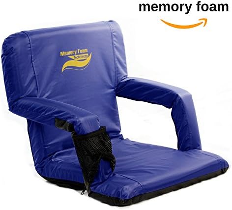 Memory Foam Extra Wide Stadium Bleacher Seats w/Back+Armrest | Large Folding Bleacher Chair Adjust 6-positions with Water Resistant Material, Cup Holder &amp; Backpack Traps for on-the-go (Blue)