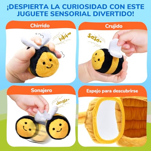 JoyCat Juguetes Bebes 6-12 Meses - Juguetes de Peluche de Abeja con Colmena, Sonajeros, Arrugas, Espejo - Juguetes Sensoriales Montessori para Bebes, Regalo Bebe 1 año