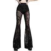 Women's Gothic Lace Pants Black Goth Bell Bottom Pants Punk Grunge Rave Flared Leggings