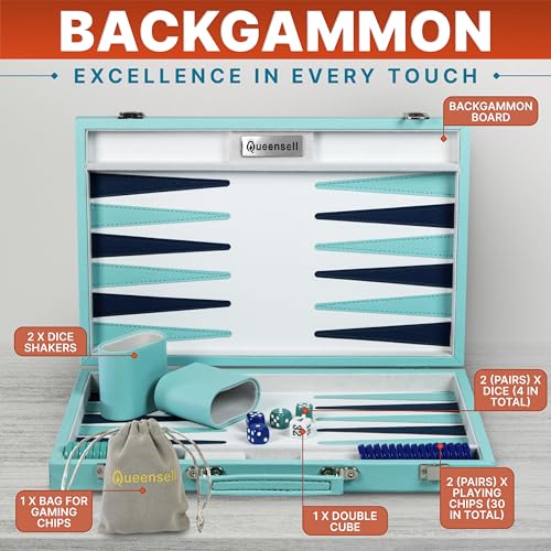 Premium 15" Turquoise Backgammon Set for Adults - Luxury PU Leather Tray with Box, 32 Acrylic Counters, Dice Cups and Double Cube