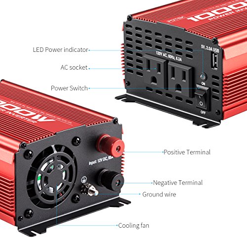 POTEK 1000W Power Inverter DC 12V to AC 110V Car Inverter Dual AC Outlets with 2A USB Output
