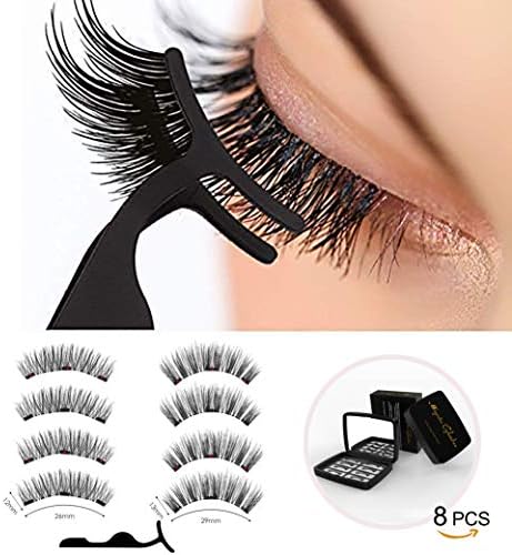 3D Magnetic Eyelashes Full Eyes No Glue 2 Pairs(8 pcs), Reusable Fake Magnetic Eyelashes with Tweezers and Mirror, Light weight Easy to Wear, 2 styles eyelashes in one black case