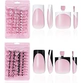 HWHUNO 4 Design French Toe Nail Tips Set,White Pink Black Press on Nails | Full Cover Soft Gel Square Tip Press on Wider Toenails for Women Home Diy Salon 15 Sizes