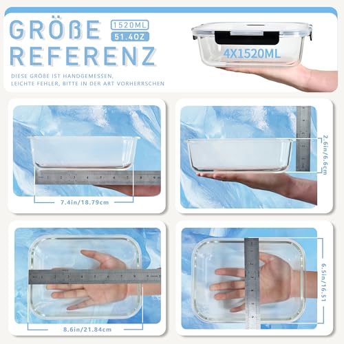 ERUIV Meal Prep Boxen Glas, [4 Behälter + 4 Deckel] Meal Prep Glas-1520ml, Frischhaltedosen Glas, Gefrierdosen Set Mit Dampfventil, Glasdose transparent Mit Deckel, BPA-freie Vorratsdose Glas thumbnail 2