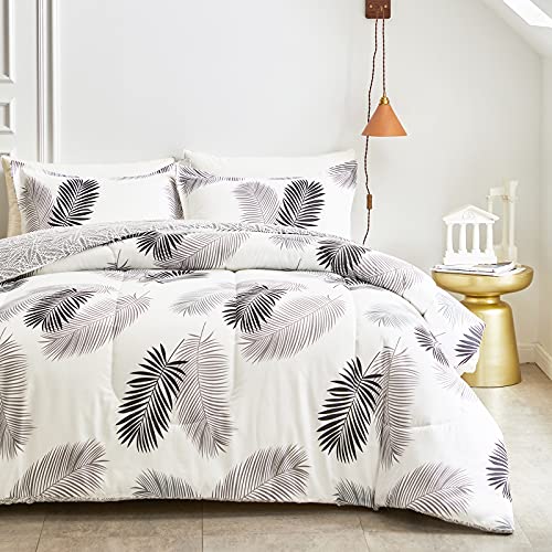 Comforter Set Queen 88x88 Size White Gray Leaves Print Reversible Down
