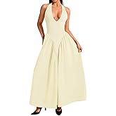 ChiaoLezhee Deep V Neck Dress, Halter Maxi Dresses, Vacation Date Night, Sexy for Women Corset Flowy Wedding Guest Drop Waist
