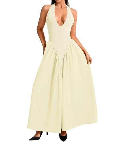 Women's Drop Waist Corset Halter Maxi Dress Semi Formal Sexy Deep V Neck A Line Wedding Guest Vacation Pleated Long Dresses Black Medium at Amazon Women's Clothing store