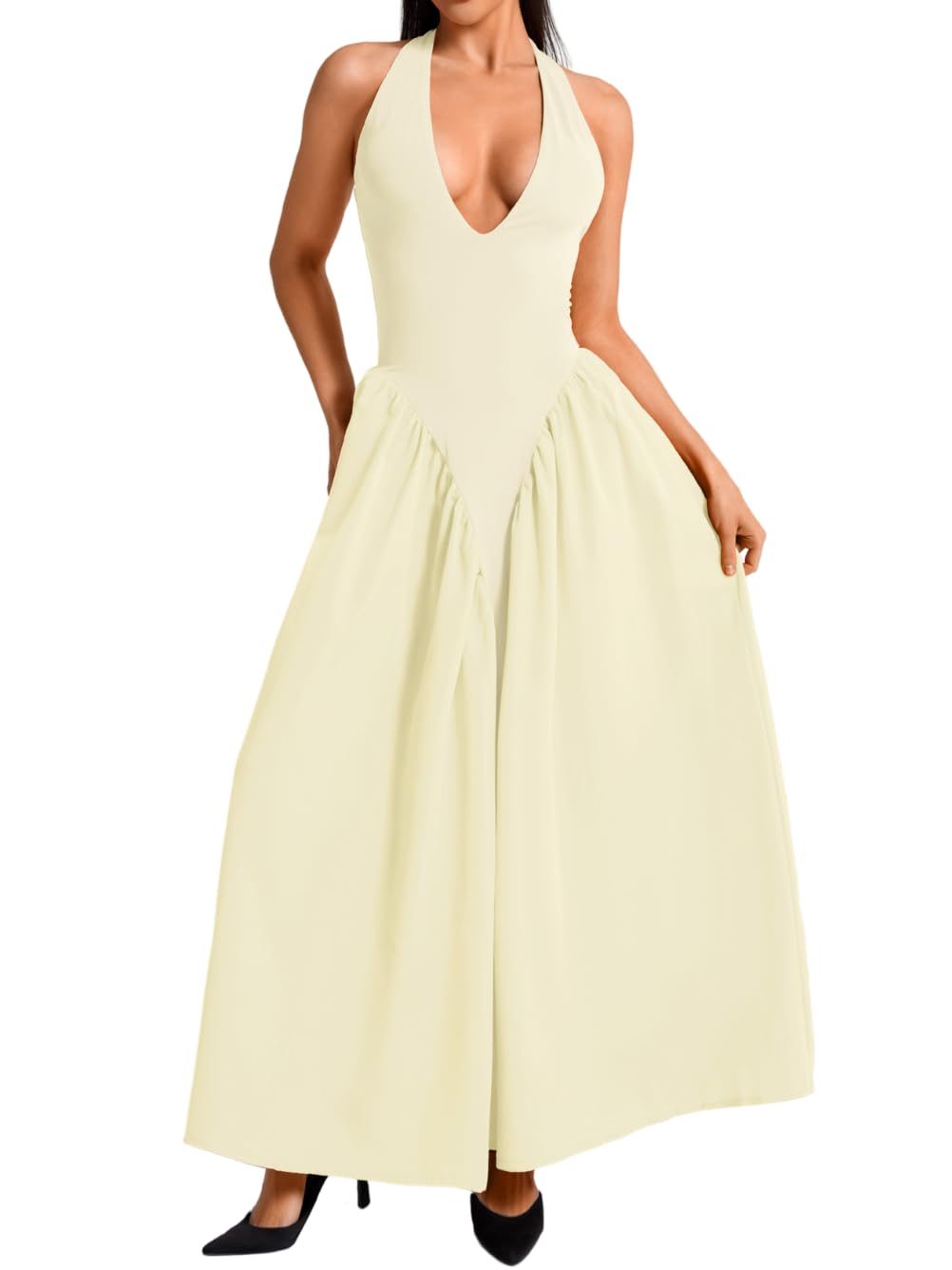 Photo 1 of ChiaoLezhee Deep V Neck Dress Halter Maxi Dresses Vacation Date Night Sexy for Women Corset Flowy Wedding Guest Drop Waist Bridesmaid A Line Pastel Backless Semi Formal Apricot Beige Cream XX-Large