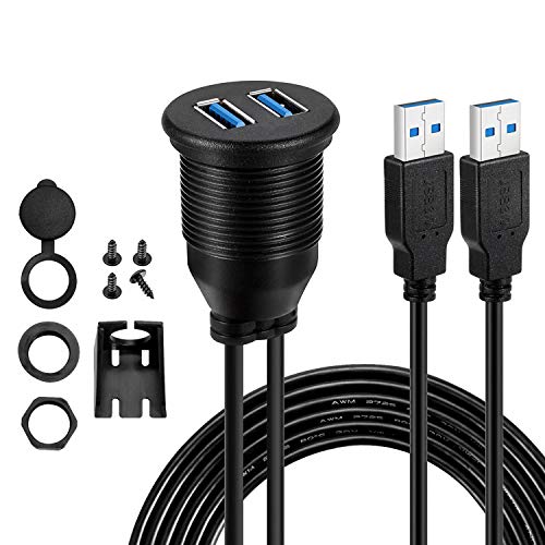SINCODA 3FT 2 Ports Dual USB 3.0 Male to USB 3.0 Female AUX Flush Mount Car Mount Waterproof Extension Cable for Car Truck Boat Motorcycle Dashboard Panel