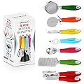ZkitchenCo 8-Piece Kitchen Gadgets Utensils Cooking Tools, Stainless Steel Multi-Colored- Can Opener, Pizza Cutter, Bottle Opener, Ice Cream Scoop, Peeler, Grater & Strainer with Rotatable Stand