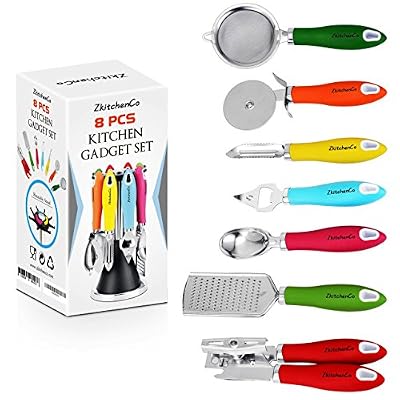 ZkitchenCo 8-Piece Kitchen Gadgets Utensils Cooking Tools, Stainless Steel Multi-Colored- Can Opener, Pizza Cutter, Bottle Opener, Ice Cream Scoop, Peeler, Grater & Strainer with Rotatable Stand