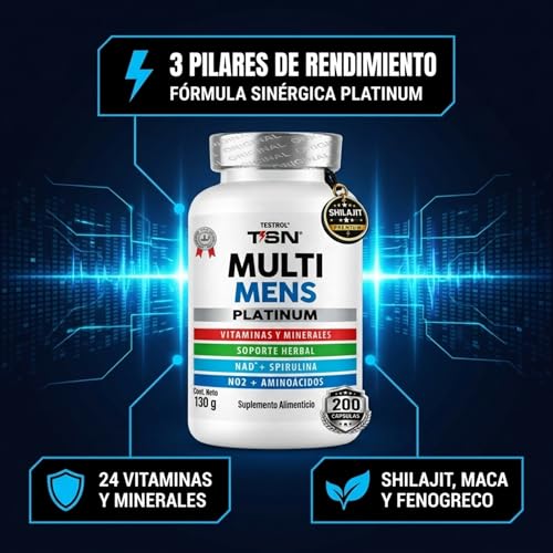 24 Vitaminas y Minerales para Hombres, con Precursor de Óxido Nítrico, Arginina y Citrulina + Soporte Herbal Fenogreco, SHILAJIT, Maca y NAD+ | Multi Mens | TSN Testrol 200 Cápsulas