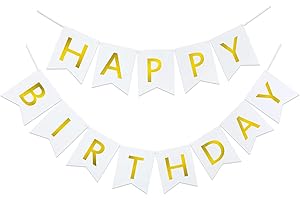 LITAUS, Chic White Gold Happy Birthday Banner - Pre-Strung, 9 ft, No DIY | Birthday Decorations | Happy Birthday Sign for Birthday Decor, Backdrop | Birthday Banner for Women, Men