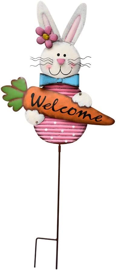 Decorative Garden Stake Easter Bunny Girl Metal Stake Garden Decor Rabbit with Carrot Welcome Sign Lawn Yard Outdoor Decoration (Pink)