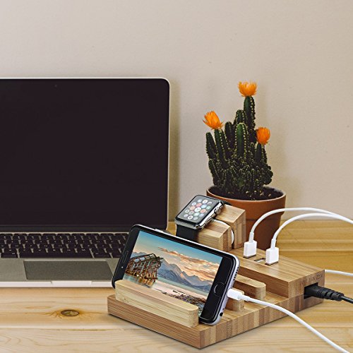 Wood Charging Station, MWAY Bamboo Wood USB Charging Organizer Dock Apple Watch Charger Bracket Stand, for iPhone 7/7Plus/6s/6/Plus/5s,iPad,Samsung,Most Smartphones,3 USB Ports 5V 3A 2 - Thumbnail 3