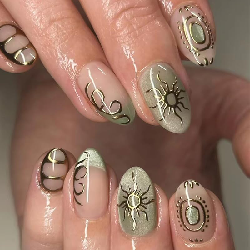 Photo 1 of Almond Press on Nails Short Oval False Nails Glitter Green Glossy Full Cover Glue on Nails 3D Gold Curve Line Design French Fake Nails Goth Acrylic Nails Green Ombre Stick on Nails for Women 24Pcs