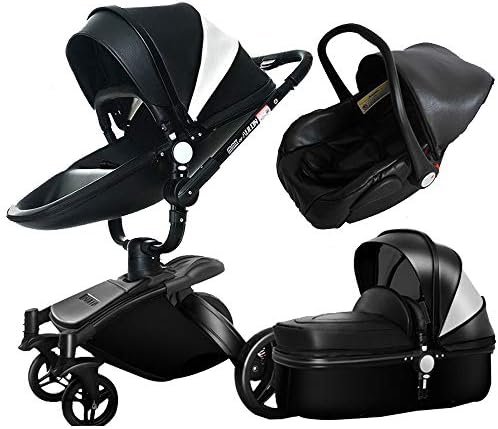 Luxury 3 in 1 Baby Stroller/Pram, PU Leather Pushchair+ Sleeping Basket + Car Seat, 360° Rotation, Bidirectional, Baby Trolley (black1)