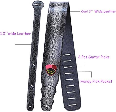 Serpentine Guitar Leather Strap, 3 inch Electric Bass Guitar Strap Accessories, The Strap With Pick Pocket,2 Guitar Picks,Length Ties