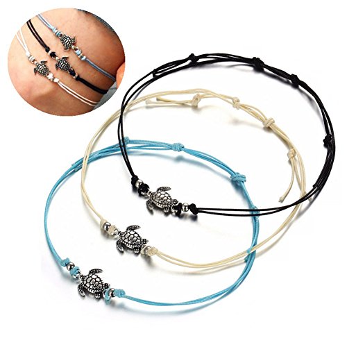 Auch Turtle Anklets for Women, Set of 3 Vintage Turtle Waxrope Anklets, Blue Black Beige