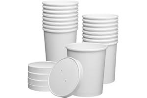 Gusto [32 oz. - 25 Count] White Paper Food Containers with Vented Lids - to Go Hot Soup Bowls, Disposable Ice Cream Cups, Ide