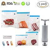 Airmoon Sous Vide Bags Kit for Anova, ChefSteps Joule - 5 Different Size Reusable FDA Certified & BPA Free Vacuum Sealed Bags with Hand Pump and Clips (5 Bags)