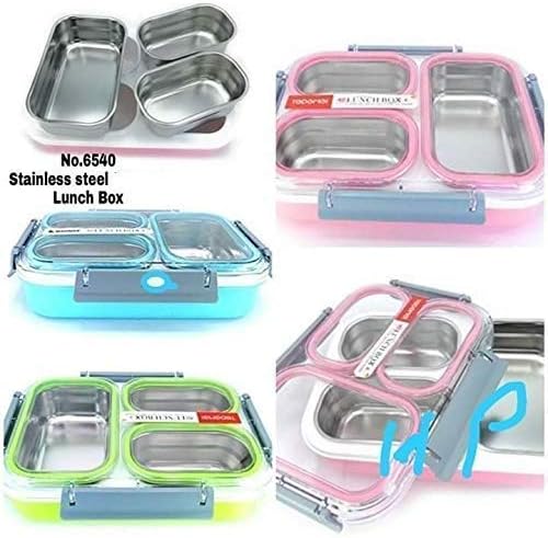 Rvold Leak Proof Stainless Steel Lunch Box with 3 Compartments and Airtight Lid - 1.2 Ltrs (Color May Vary)