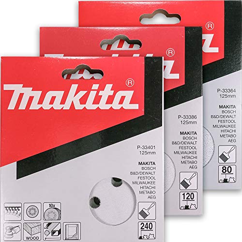Makita 30 Piece - Multi Grit Sanding Disc Set For 5" Random Orbit Sanders - For Wood, Metal & Plastic - 80, 120 & 240 Grit | 8 Hole Hook-And-Loop Sandpaper