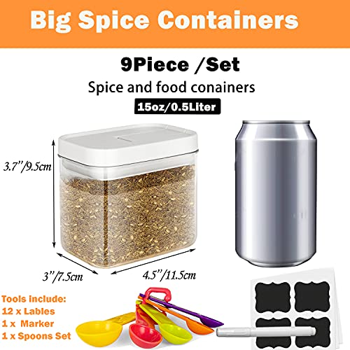 HKRILL 9Pc Airtight Spice Containers Set 15oz Small Food Storage With