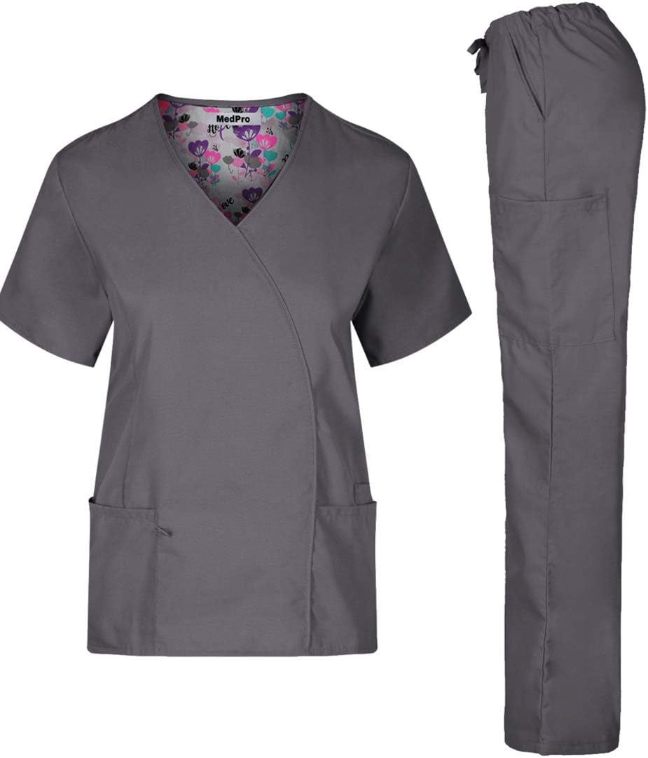 Women's Solid Stretchy Medical Scrub Set Top and Cargo Pants Grey M