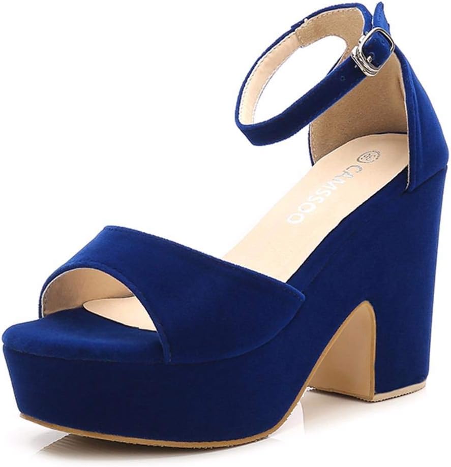 Women's Open Toe Ankle Strap Block Heeled Wedge Platform Sandals Blue Velveteen US7.5 CN38