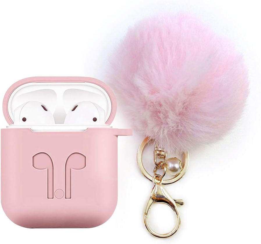 AirPods Case, Silicone Soft Skin Shockproof with Cute Fur Ball Keychain Strap Design for Girls and Women, Pink
