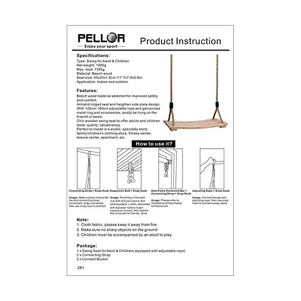 PELLOR Árbol Madera Asiento de Columpio, Interior y Exterior Ajustable