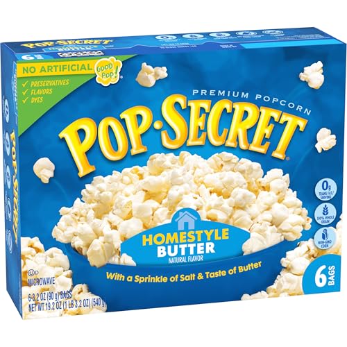 POP SECRET MICROWAVE POPCORN, HOMESTYLE BUTTER FLAVOR, 3.2 OZ SHARING BAGS, 6 COUNT (PACK OF 1)