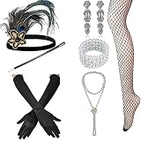 1920s Accessories Set Flapper Headband,Earrings,Pearl Necklace,Gloves,Net Tights,Pearl Bracelet (Set-15)