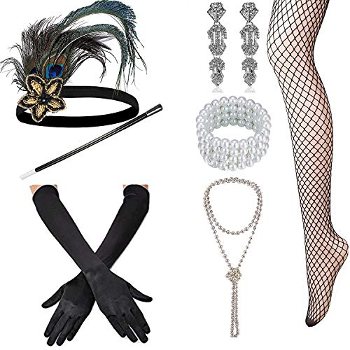 1920s Accessories Set Flapper Headband,Earrings,Pearl Necklace,Gloves,Net Tights,Pearl Bracelet (Set-15)