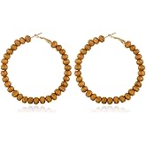 Handmade Nature Wooden Beaded Hoop Big Earrings Bohemian Circle Round Bead Earrings Statement Jewelry Gifts